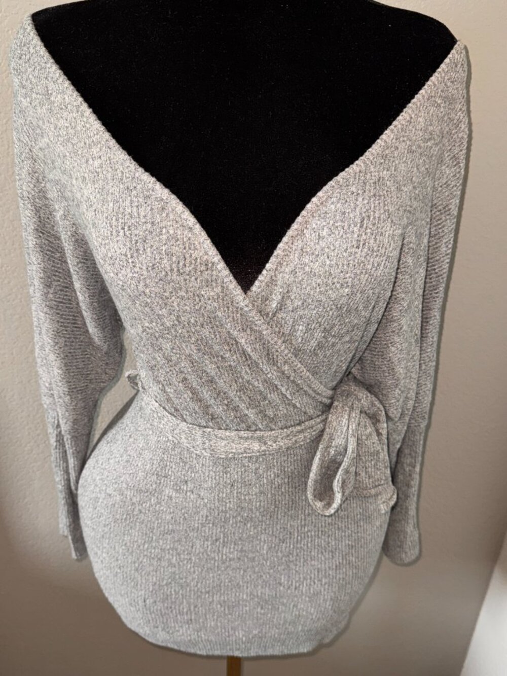Gray Ribbed Wrap Sweater Dress | Off Shoulder Long Sleeve Bodycon Mini